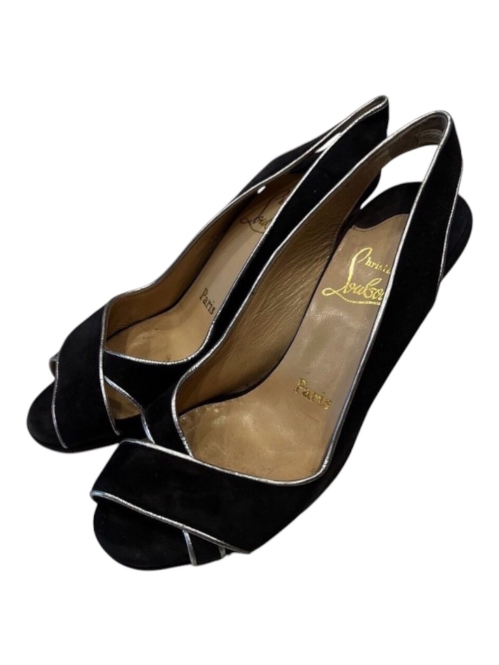 Christian Louboutin Black Suede Silver Trim Peep-Toe Slingback Heels